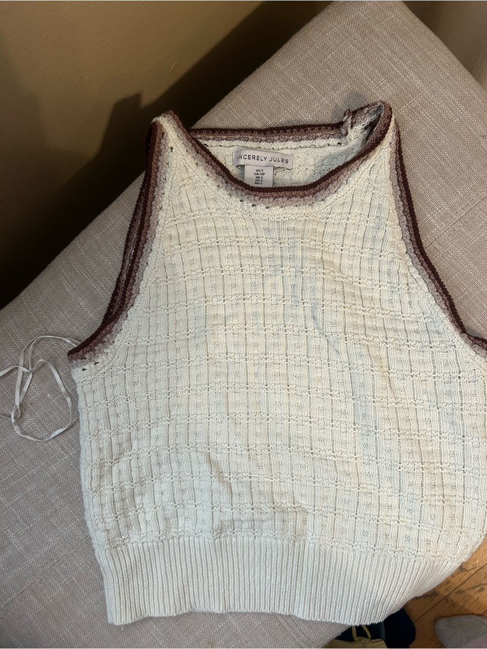 Sincerely Jules Cream Knit Tank with Brown Trim